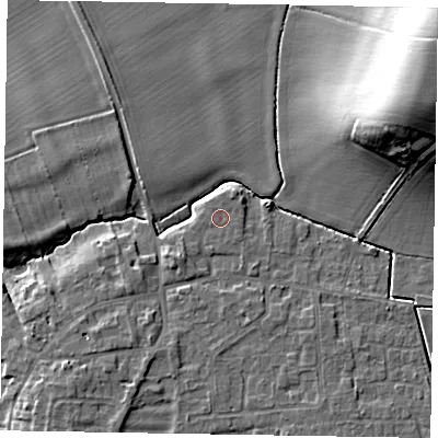 Shaded relief map of the ground around NG237NB, computed from Environment Agency LiDAR. The ground here sits at about 9 m above sea level and falls 20 m across the surrounding 800 m. Surface water reaching this point runs off ground lying to the east-north-east, 0.6 m higher.