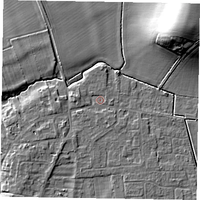 Shaded relief map of the ground around NG237ND, computed from Environment Agency LiDAR. The ground here sits at about 9 m above sea level and falls 20 m across the surrounding 800 m. Surface water reaching this point runs off ground lying to the south-south-west, 1.8 m higher.