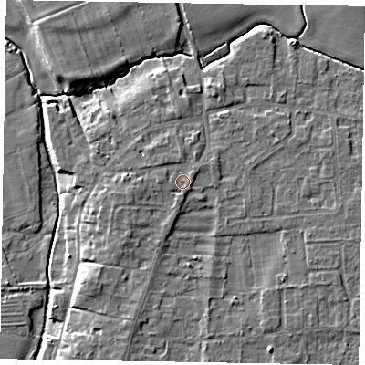 Shaded relief map of the ground around NG237NH, computed from Environment Agency LiDAR. The ground here sits at about 10 m above sea level and falls 8 m across the surrounding 800 m. Surface water reaching this point runs off ground lying to the west-south-west, 1.6 m higher.