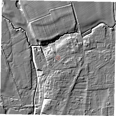 Shaded relief map of the ground around NG237NL, computed from Environment Agency LiDAR. The ground here sits at about 10 m above sea level and falls 7 m across the surrounding 800 m. Surface water reaching this point runs off ground lying to the south-south-west, 0.8 m higher.