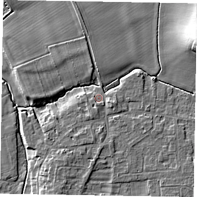 Shaded relief map of the ground around NG237NP, computed from Environment Agency LiDAR. The ground here sits at about 9 m above sea level and falls 15 m across the surrounding 800 m. Surface water reaching this point runs off ground lying to the south-south-west, 3.3 m higher.