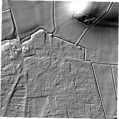 Shaded relief map of the ground around NG237NR, computed from Environment Agency LiDAR. The ground here sits at about 9 m above sea level and falls 19 m across the surrounding 800 m. Surface water reaching this point runs off ground lying to the south-south-east, 1.1 m higher.