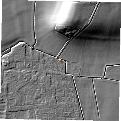 Shaded relief map of the ground around NG237NU, computed from Environment Agency LiDAR. The ground here sits at about 9 m above sea level and falls 19 m across the surrounding 800 m. Surface water reaching this point runs off ground lying to the north-north-east, 18.6 m higher.