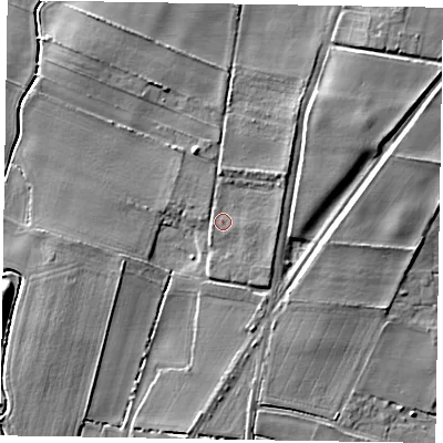 Shaded relief map of the ground around NG237QL, computed from Environment Agency LiDAR. The ground here sits at about 10 m above sea level and falls 8 m across the surrounding 800 m. Surface water reaching this point runs off ground lying to the north-east, 2.6 m higher.