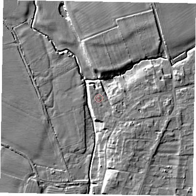 Shaded relief map of the ground around NG237QS, computed from Environment Agency LiDAR. The ground here sits at about 9 m above sea level and falls 7 m across the surrounding 800 m. Surface water reaching this point runs off ground lying to the south-east, 2.0 m higher.