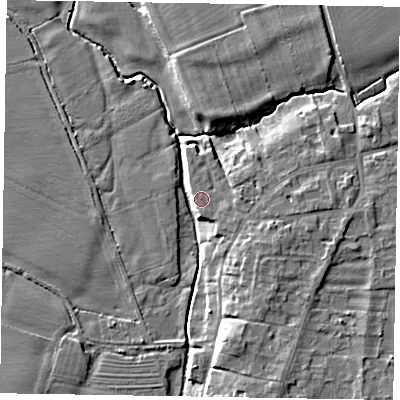 Shaded relief map of the ground around NG237QU, computed from Environment Agency LiDAR. The ground here sits at about 9 m above sea level and falls 7 m across the surrounding 800 m. Surface water reaching this point runs off ground lying to the east-south-east, 7.1 m higher.