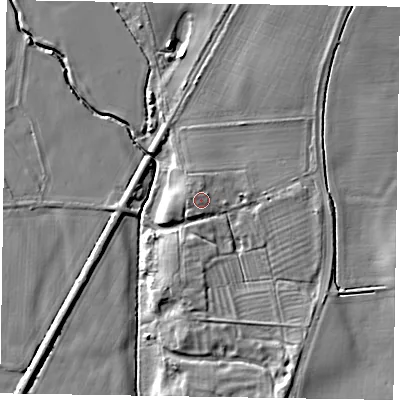 Shaded relief map of the ground around NG237RT, computed from Environment Agency LiDAR. The ground here sits at about 12 m above sea level and falls 10 m across the surrounding 800 m. Surface water reaching this point runs off ground lying to the west-south-west, 1.2 m higher.