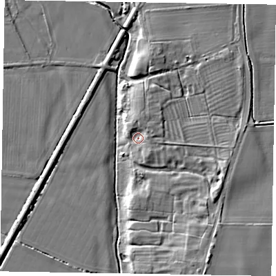 Shaded relief map of the ground around NG237RW, computed from Environment Agency LiDAR. The ground here sits at about 10 m above sea level and falls 11 m across the surrounding 800 m. Surface water reaching this point runs off ground lying to the east-south-east, 5.5 m higher.