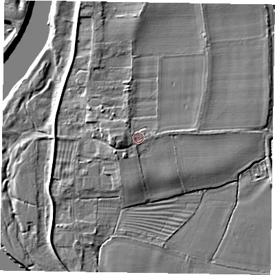 Shaded relief map of the ground around NG237RY, computed from Environment Agency LiDAR. The ground here sits at about 11 m above sea level and falls 8 m across the surrounding 800 m. Surface water reaching this point runs off ground lying to the west-south-west, 3.0 m higher.