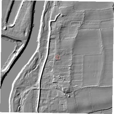 Shaded relief map of the ground around NG237RZ, computed from Environment Agency LiDAR. The ground here sits at about 10 m above sea level and falls 8 m across the surrounding 800 m. Surface water reaching this point runs off ground lying to the north-west, 1.1 m higher.
