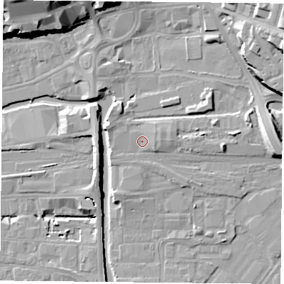 Shaded relief map of the ground around NG23AE, computed from Environment Agency LiDAR. The ground here sits at about 26 m above sea level and falls 25 m across the surrounding 800 m. Surface water reaching this point runs off ground lying to the east, 1.5 m higher.
