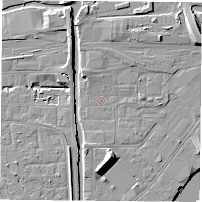 Shaded relief map of the ground around NG23AH, computed from Environment Agency LiDAR. The ground here sits at about 25 m above sea level and falls 13 m across the surrounding 800 m. Surface water reaching this point runs off ground lying to the north, 1.5 m higher.
