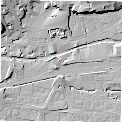 Shaded relief map of the ground around NG23AJ, computed from Environment Agency LiDAR. The ground here sits at about 26 m above sea level and falls 27 m across the surrounding 800 m. Surface water reaching this point runs off ground lying to the south-east, 3.4 m higher.
