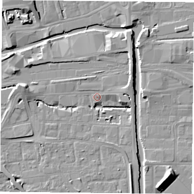 Shaded relief map of the ground around NG23AN, computed from Environment Agency LiDAR. The ground here sits at about 25 m above sea level and falls 11 m across the surrounding 800 m. Surface water reaching this point runs off ground lying to the east, 5.8 m higher.