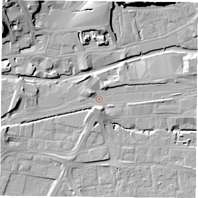 Shaded relief map of the ground around NG23AQ, computed from Environment Agency LiDAR. The ground here sits at about 24 m above sea level and falls 27 m across the surrounding 800 m. Surface water reaching this point runs off ground lying to the south-south-west, 5.5 m higher.