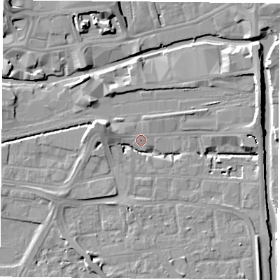 Shaded relief map of the ground around NG23AS, computed from Environment Agency LiDAR. The ground here sits at about 25 m above sea level and falls 11 m across the surrounding 800 m. Surface water reaching this point runs off ground lying to the east-north-east, 9.5 m higher.