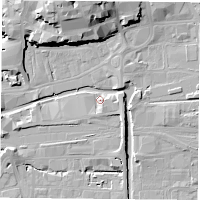 Shaded relief map of the ground around NG23BT, computed from Environment Agency LiDAR. The ground here sits at about 28 m above sea level and falls 27 m across the surrounding 800 m. Surface water reaching this point runs off ground lying to the south-east, 6.3 m higher.