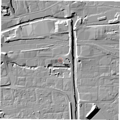 Shaded relief map of the ground around NG23BX, computed from Environment Agency LiDAR. The ground here sits at about 26 m above sea level and falls 11 m across the surrounding 800 m. Surface water reaching this point runs off ground lying to the east-south-east, 5.8 m higher.