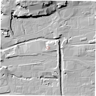 Shaded relief map of the ground around NG23DQ, computed from Environment Agency LiDAR. The ground here sits at about 28 m above sea level and falls 27 m across the surrounding 800 m. Surface water reaching this point runs off ground lying to the east-south-east, 5.5 m higher.