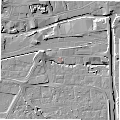 Shaded relief map of the ground around NG23DT, computed from Environment Agency LiDAR. The ground here sits at about 25 m above sea level and falls 11 m across the surrounding 800 m. Surface water reaching this point runs off ground lying to the east-north-east, 9.5 m higher.