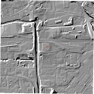 Shaded relief map of the ground around NG23DX, computed from Environment Agency LiDAR. The ground here sits at about 27 m above sea level and falls 15 m across the surrounding 800 m. The ground contributing surface water to this point lies to the north-north-east.