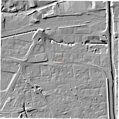 Shaded relief map of the ground around NG23DY, computed from Environment Agency LiDAR. The ground here sits at about 25 m above sea level and falls 11 m across the surrounding 800 m. Surface water reaching this point runs off ground lying to the south-south-west, 1.4 m higher.