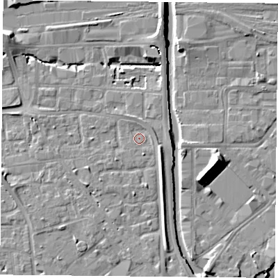 Shaded relief map of the ground around NG23DZ, computed from Environment Agency LiDAR. The ground here sits at about 25 m above sea level and falls 11 m across the surrounding 800 m. Surface water reaching this point runs off ground lying to the north-east, 1.5 m higher.