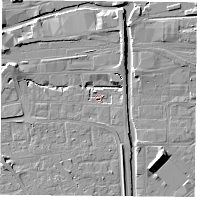 Shaded relief map of the ground around NG23EG, computed from Environment Agency LiDAR. The ground here sits at about 25 m above sea level and falls 11 m across the surrounding 800 m. Surface water reaching this point runs off ground lying to the north-east, 5.8 m higher.