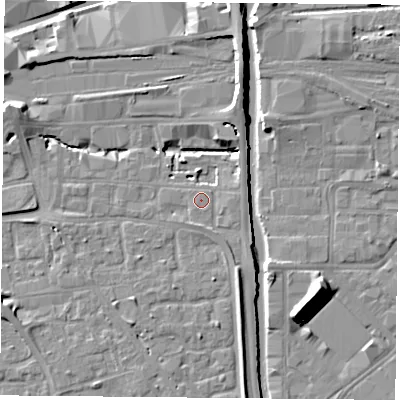 Shaded relief map of the ground around NG23EL, computed from Environment Agency LiDAR. The ground here sits at about 26 m above sea level and falls 11 m across the surrounding 800 m. Surface water reaching this point runs off ground lying to the south-south-east, 1.9 m higher.