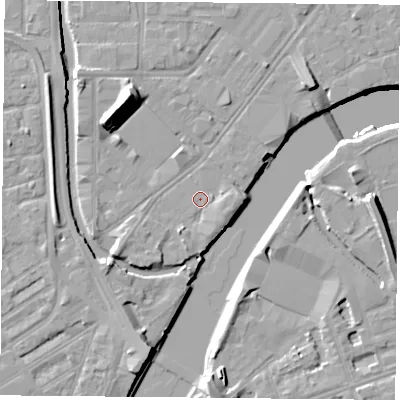 Shaded relief map of the ground around NG23EX, computed from Environment Agency LiDAR. The ground here sits at about 24 m above sea level and falls 13 m across the surrounding 800 m. Surface water reaching this point runs off ground lying to the south-south-east, 1.5 m higher.