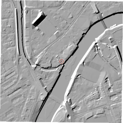 Shaded relief map of the ground around NG23EY, computed from Environment Agency LiDAR. The ground here sits at about 24 m above sea level and falls 13 m across the surrounding 800 m. Surface water reaching this point runs off ground lying to the south-south-west, 7.3 m higher.