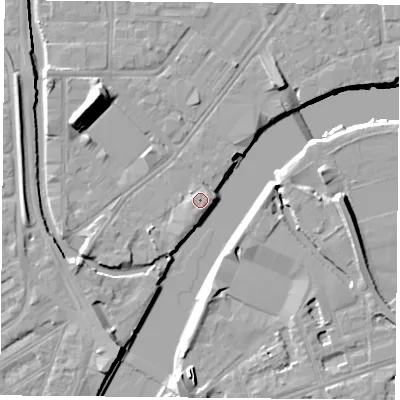 Shaded relief map of the ground around NG23EZ, computed from Environment Agency LiDAR. The ground here sits at about 25 m above sea level and falls 13 m across the surrounding 800 m. Surface water reaching this point runs off ground lying to the south-south-west, 1.5 m higher.
