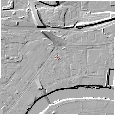 Shaded relief map of the ground around NG23GE, computed from Environment Agency LiDAR. The ground here sits at about 24 m above sea level and falls 16 m across the surrounding 800 m. The ground contributing surface water to this point lies to the south-west.