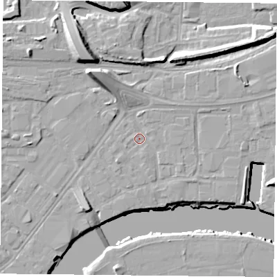 Shaded relief map of the ground around NG23GQ, computed from Environment Agency LiDAR. The ground here sits at about 24 m above sea level and falls 16 m across the surrounding 800 m. Surface water reaching this point runs off ground lying to the north-west, 7.8 m higher.