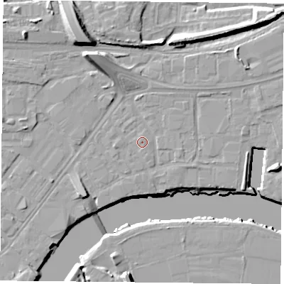 Shaded relief map of the ground around NG23GS, computed from Environment Agency LiDAR. The ground here sits at about 25 m above sea level and falls 16 m across the surrounding 800 m. Surface water reaching this point runs off ground lying to the west, 1.3 m higher.