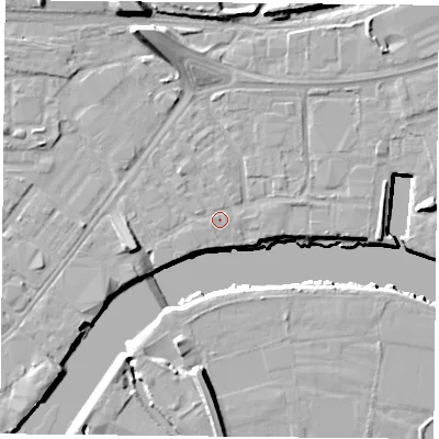 Shaded relief map of the ground around NG23GT, computed from Environment Agency LiDAR. The ground here sits at about 24 m above sea level and falls 16 m across the surrounding 800 m. Surface water reaching this point runs off ground lying to the north-west, 1.1 m higher.