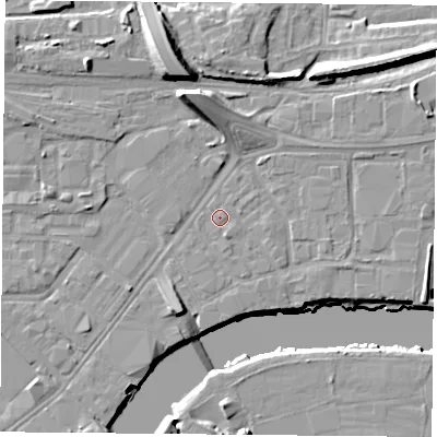 Shaded relief map of the ground around NG23GW, computed from Environment Agency LiDAR. The ground here sits at about 24 m above sea level and falls 16 m across the surrounding 800 m. Surface water reaching this point runs off ground lying to the south-south-east, 1.3 m higher.