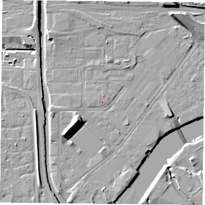 Shaded relief map of the ground around NG23GY, computed from Environment Agency LiDAR. The ground here sits at about 25 m above sea level and falls 16 m across the surrounding 800 m. Surface water reaching this point runs off ground lying to the west-south-west, 0.9 m higher.