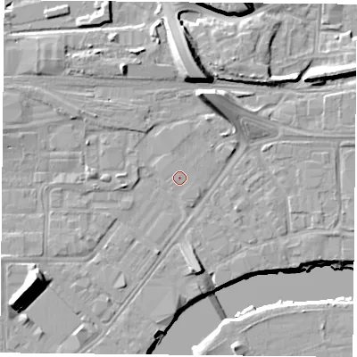Shaded relief map of the ground around NG23GZ, computed from Environment Agency LiDAR. The ground here sits at about 25 m above sea level and falls 16 m across the surrounding 800 m. The ground contributing surface water to this point lies to the south-south-east.