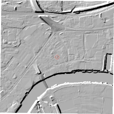Shaded relief map of the ground around NG23HA, computed from Environment Agency LiDAR. The ground here sits at about 24 m above sea level and falls 16 m across the surrounding 800 m. Surface water reaching this point runs off ground lying to the north-west, 1.2 m higher.