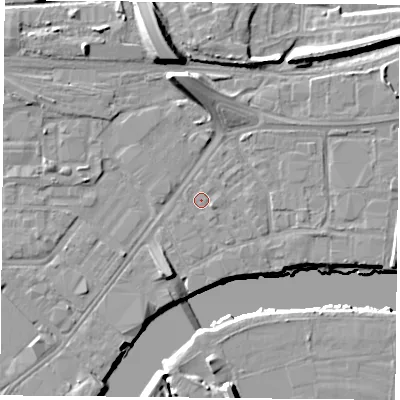 Shaded relief map of the ground around NG23HB, computed from Environment Agency LiDAR. The ground here sits at about 24 m above sea level and falls 16 m across the surrounding 800 m. Surface water reaching this point runs off ground lying to the east-south-east, 0.9 m higher.