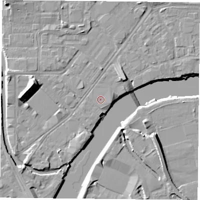 Shaded relief map of the ground around NG23HD, computed from Environment Agency LiDAR. The ground here sits at about 25 m above sea level and falls 13 m across the surrounding 800 m. Surface water reaching this point runs off ground lying to the south-east, 0.5 m higher.