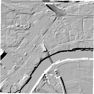 Shaded relief map of the ground around NG23HF, computed from Environment Agency LiDAR. The ground here sits at about 24 m above sea level and falls 15 m across the surrounding 800 m. The ground contributing surface water to this point lies to the east-north-east.