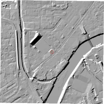 Shaded relief map of the ground around NG23HJ, computed from Environment Agency LiDAR. The ground here sits at about 24 m above sea level and falls 13 m across the surrounding 800 m. Surface water reaching this point runs off ground lying to the north-west, 8.0 m higher.