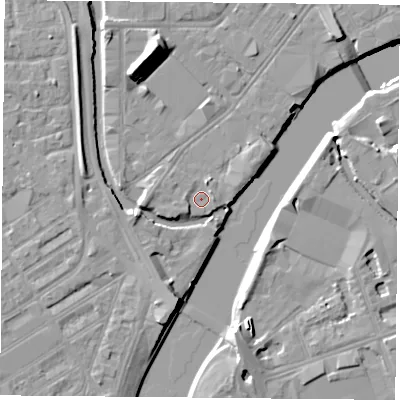 Shaded relief map of the ground around NG23HN, computed from Environment Agency LiDAR. The ground here sits at about 24 m above sea level and falls 13 m across the surrounding 800 m. Surface water reaching this point runs off ground lying to the north-north-east, 1.5 m higher.