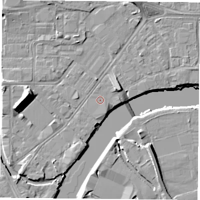 Shaded relief map of the ground around NG23HQ, computed from Environment Agency LiDAR. The ground here sits at about 24 m above sea level and falls 13 m across the surrounding 800 m. Surface water reaching this point runs off ground lying to the south-south-east, 0.9 m higher.
