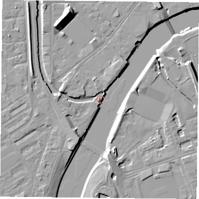 Shaded relief map of the ground around NG23HR, computed from Environment Agency LiDAR. The ground here sits at about 24 m above sea level and falls 13 m across the surrounding 800 m. Surface water reaching this point runs off ground lying to the south-south-west, 6.6 m higher.