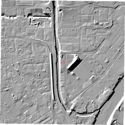 Shaded relief map of the ground around NG23HU, computed from Environment Agency LiDAR. The ground here sits at about 26 m above sea level and falls 10 m across the surrounding 800 m. Surface water reaching this point runs off ground lying to the west-north-west, 4.6 m higher.