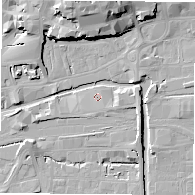 Shaded relief map of the ground around NG23HX, computed from Environment Agency LiDAR. The ground here sits at about 26 m above sea level and falls 27 m across the surrounding 800 m. Surface water reaching this point runs off ground lying to the south-east, 1.6 m higher.