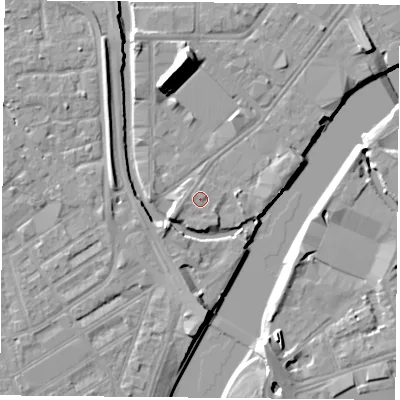 Shaded relief map of the ground around NG23HZ, computed from Environment Agency LiDAR. The ground here sits at about 25 m above sea level and falls 13 m across the surrounding 800 m. Surface water reaching this point runs off ground lying to the west-south-west, 1.9 m higher.